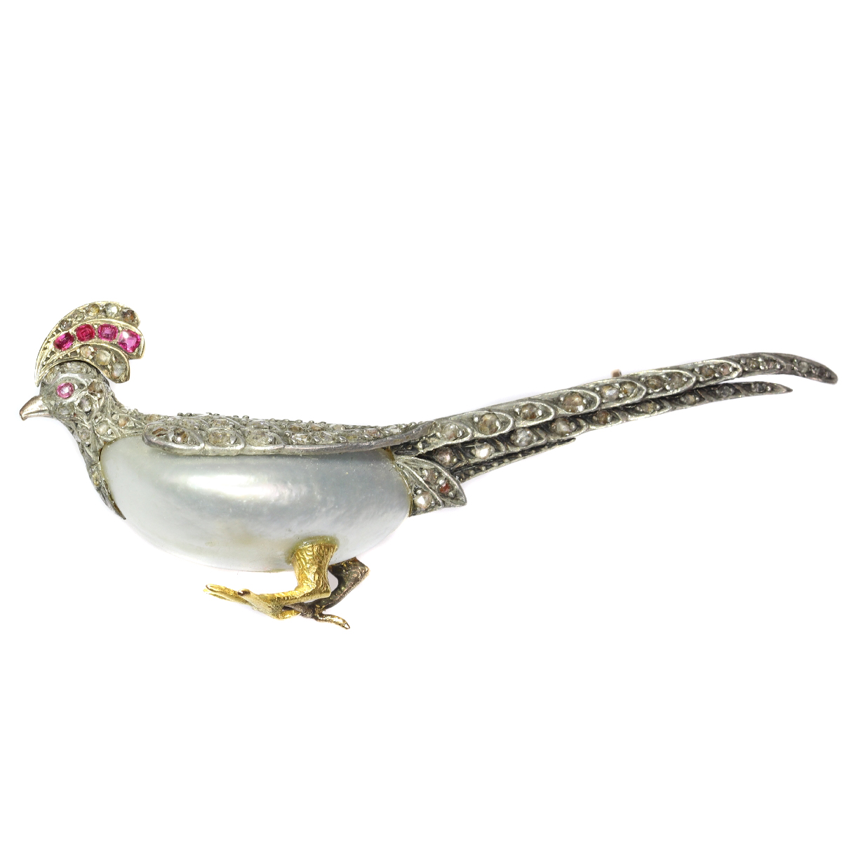 Antique French Victorian bird brooch pheasant with rubies and rose cut diamonds